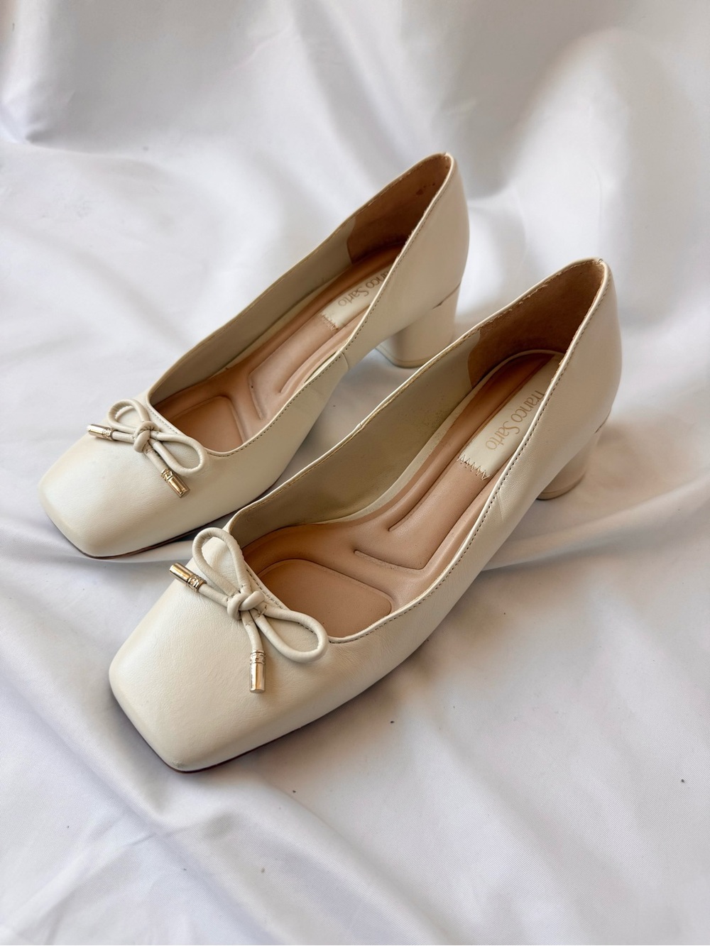 Franco Sarto Square Toe Cream Block Heel Pumps